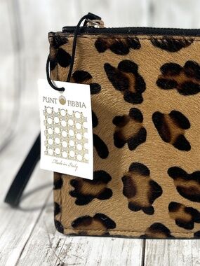 Punt Fibbia Leopard Print Clutch Wristlet Genuine Leather & Pony Hair